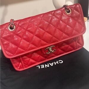 Vintage Chanel French Riviera Flap Bag Red Caviar Leather Silver Hardware size M